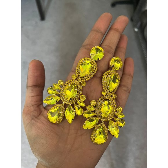 Big Yellow earrings large jonquil rhinestone crystal chandelier huge pierced - Picture 9 of 9